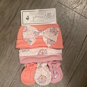 Kids Floral Hat and Mittens Set - Pink and Orange